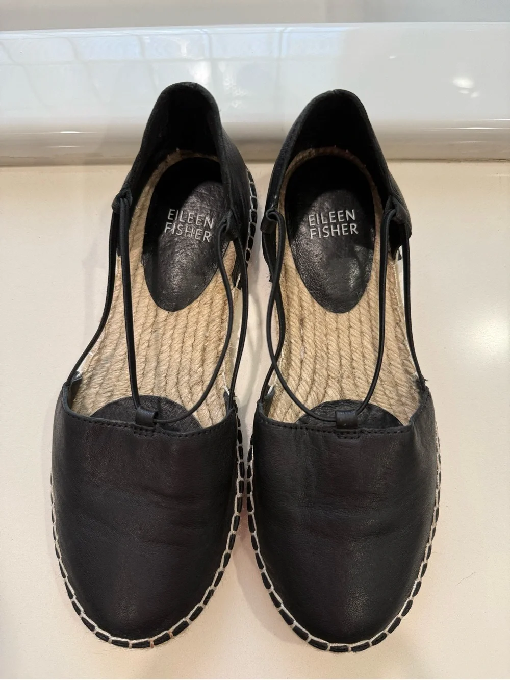 Eileen Fisher Black Leather Espadrille Flats with Elastic Ankle Strap